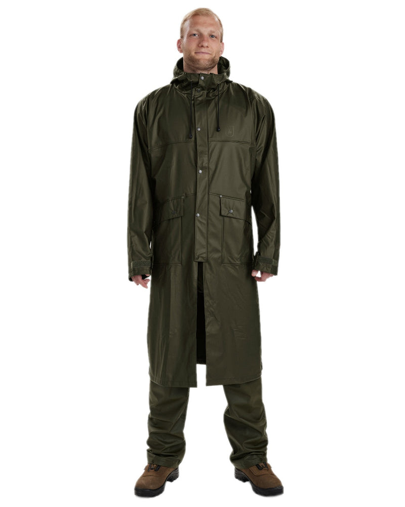 Art Green Coloured Deerhunter Hurricane Long Rain Coat on white background 