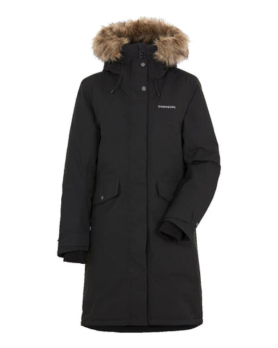 Black Coloured Didriksons Erika Ladies Padded Waterproof Parka 3 On A White Background #colour_black