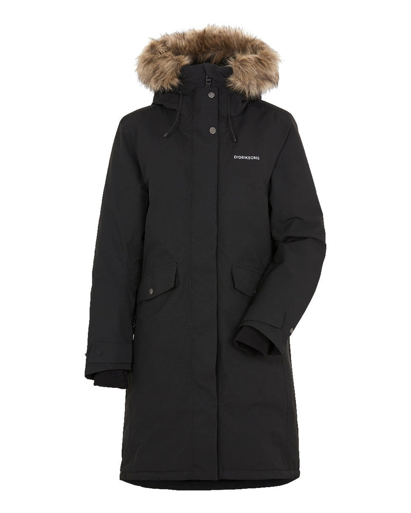 Black Coloured Didriksons Erika Ladies Padded Waterproof Parka 3 On A White Background 