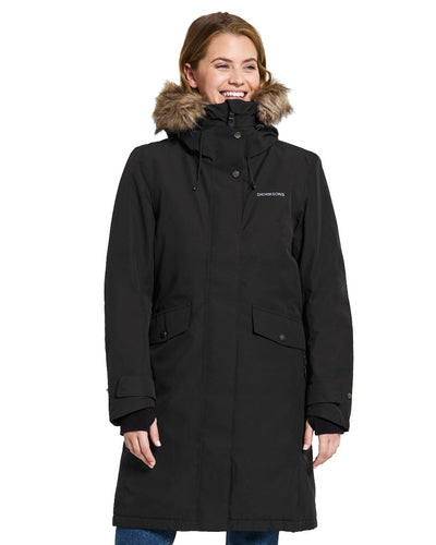 Black Coloured Didriksons Erika Ladies Padded Waterproof Parka 3 On A White Background #colour_black