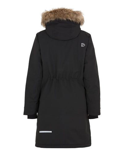 Black Coloured Didriksons Erika Ladies Padded Waterproof Parka 3 On A White Background #colour_black