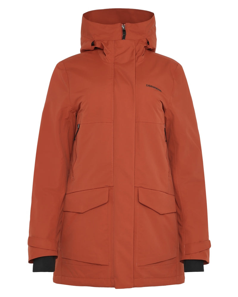 Rust coloured Didriksons Frida Womens Parka 7 on white background 