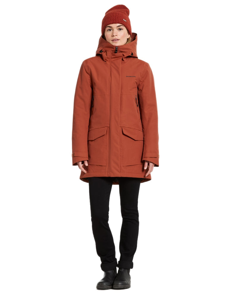 Rust coloured Didriksons Frida Womens Parka 7 on white background 