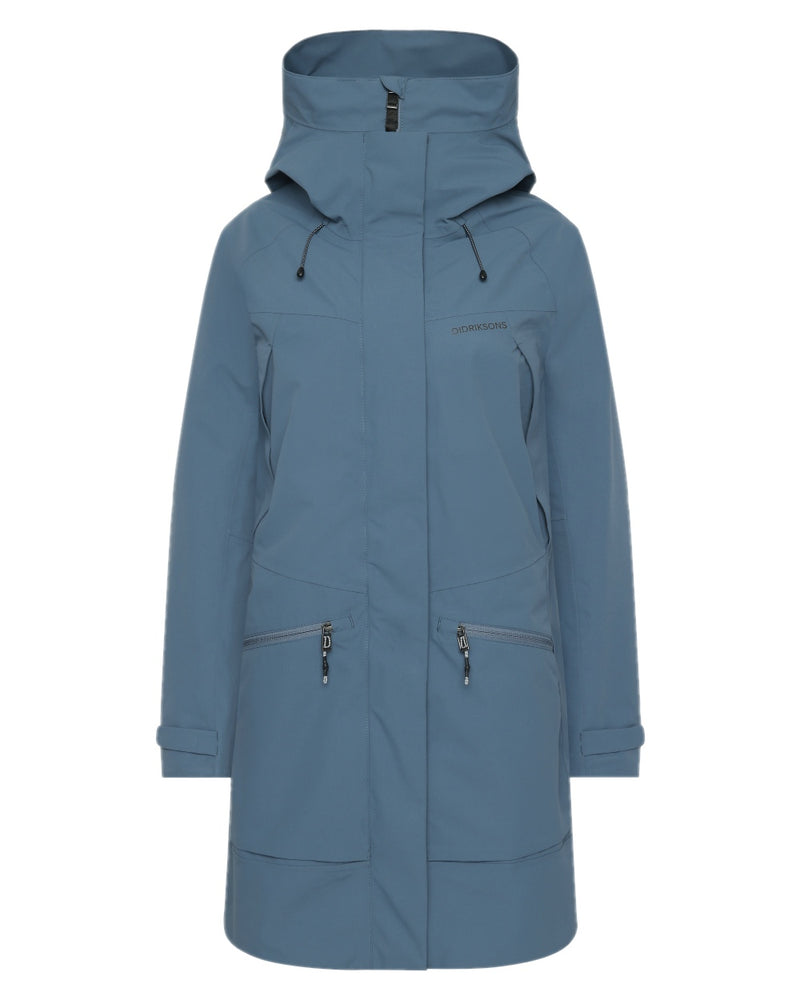 True Blue coloured Didriksons Womens Parka on white background 