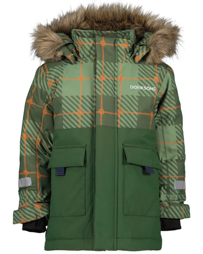 Termos Pine Green Coloured Didriksons Kids Polarbjörnen Printed Parka on white background #colour_termos-pine-green