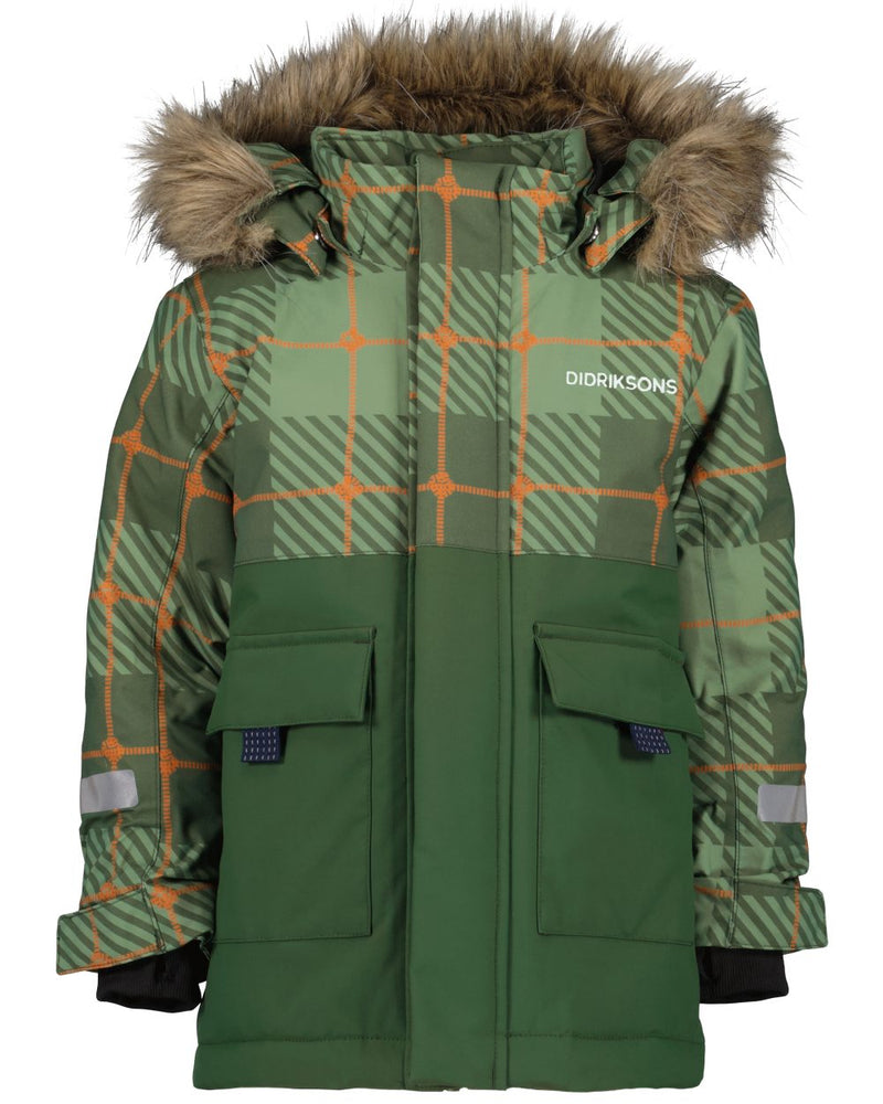 Termos Pine Green Coloured Didriksons Kids Polarbjörnen Printed Parka on white background 