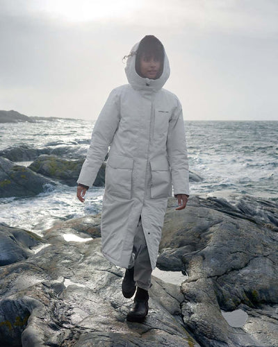 White Foam Coloured Didriksons Leya Womens Parka Long 3 On A Coastal Background #colour_white-foam