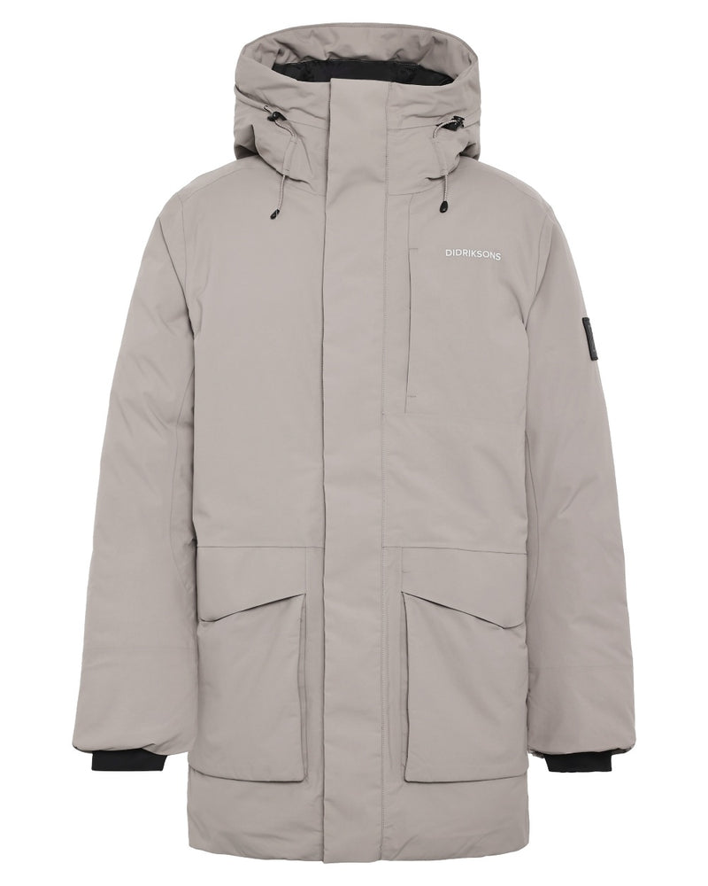 Ash Brown coloured Didriksons Mens Akilles Parka on white background 