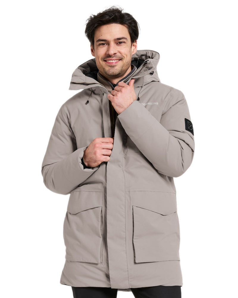 Ash Brown coloured Didriksons Mens Akilles Parka on white background 