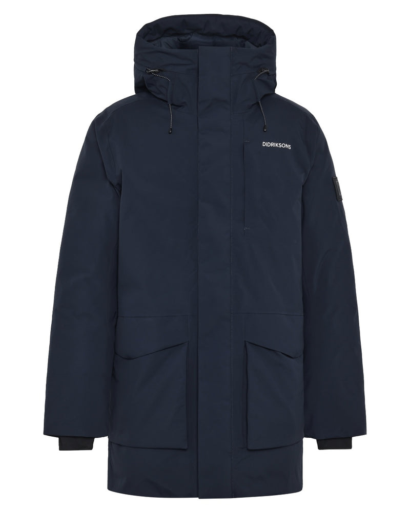 Dark Night Blue coloured Didriksons Mens Akilles Parka on white background 