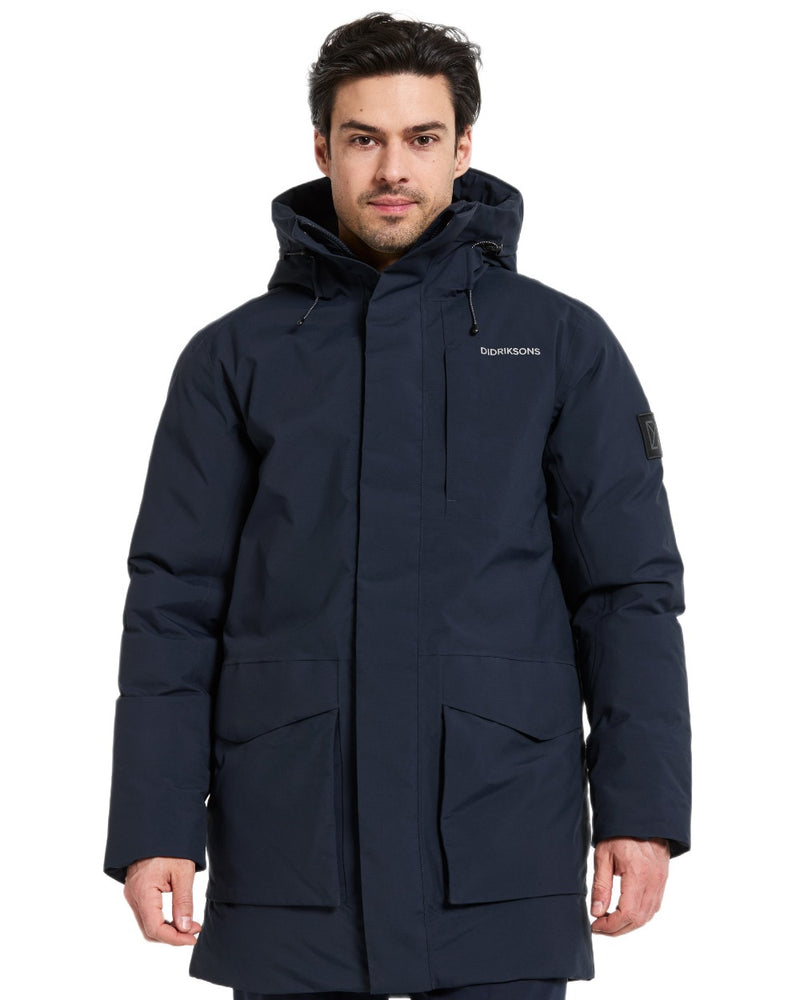 Dark Night Blue coloured Didriksons Mens Akilles Parka on white background 