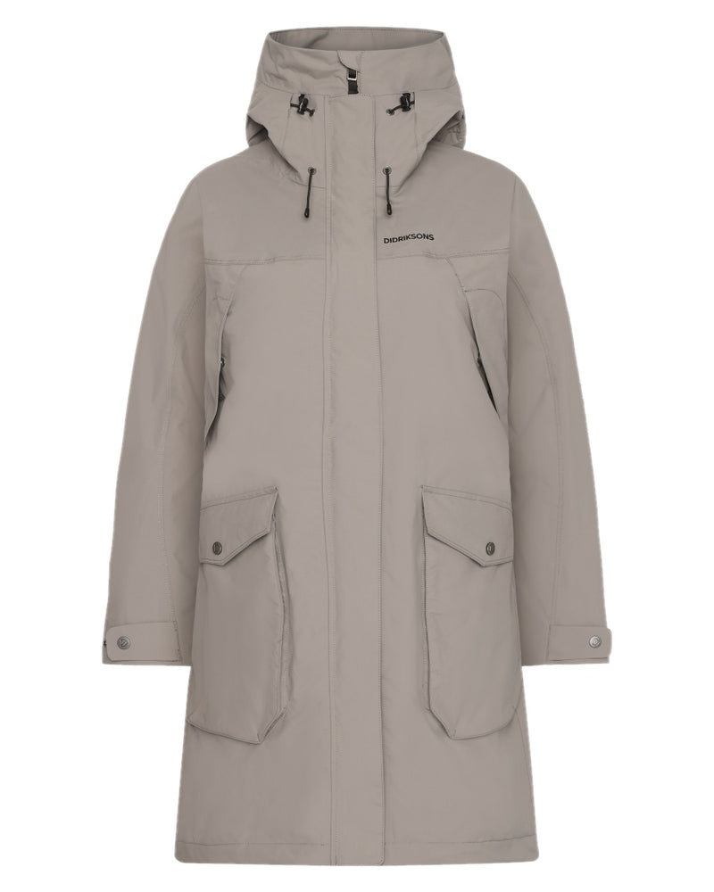 Ash Brown coloured Didriksons Thelma Womens Parka 10 on white background 