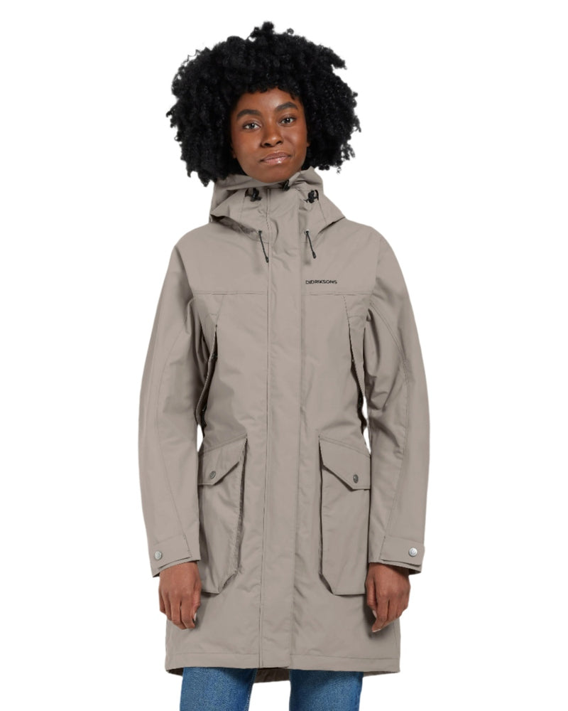 Ash Brown coloured Didriksons Thelma Womens Parka 10 on white background 