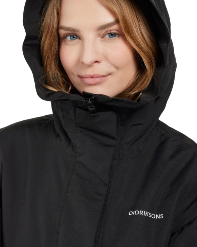 Black coloured Didriksons Frida Womens Parka 7 on white background 