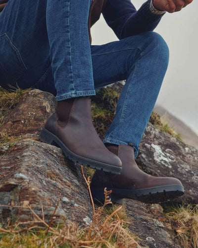 Mahogany coloured Dubarry Antrim Country Boots on rock background #colour_mahogany