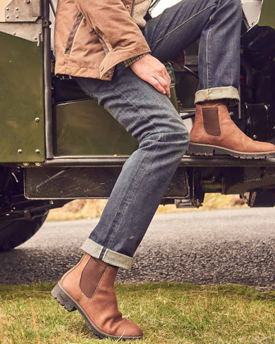 Walnut coloured Dubarry Antrim Country Boots on jeep background #colour_walnut