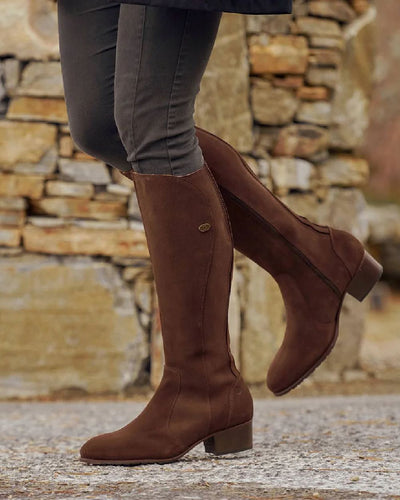 Cigar coloured Dubarry Downpatrick Knee High Boots on road background #colour_cigar