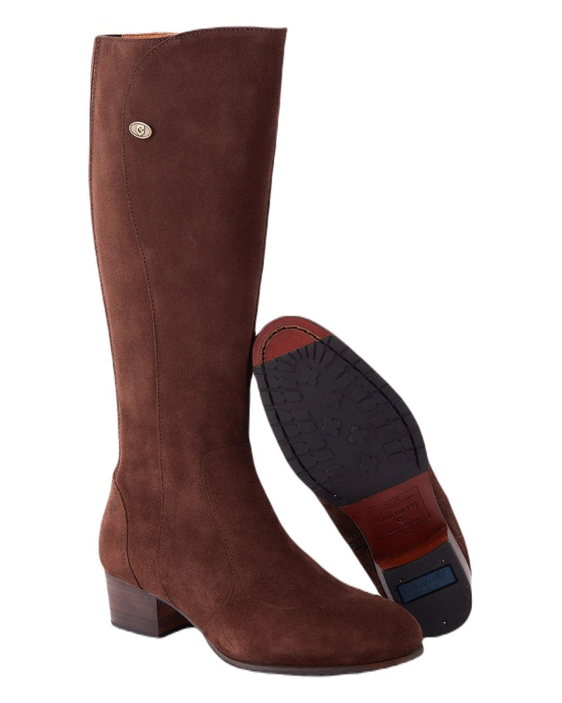 Cigar coloured Dubarry Downpatrick Knee High Boots on road background 