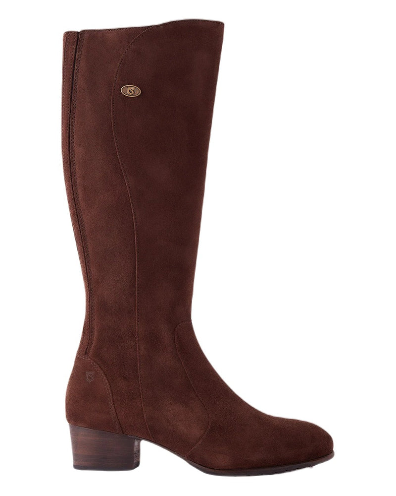 Cigar coloured Dubarry Downpatrick Knee High Boots on road background 