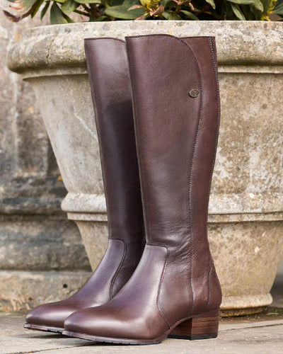 Old Rum coloured Dubarry Downpatrick Knee High Boots on tree pot background #colour_old-rum