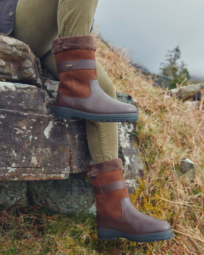 Walnut coloured Dubarry Foxrock Country Boot on grass background 