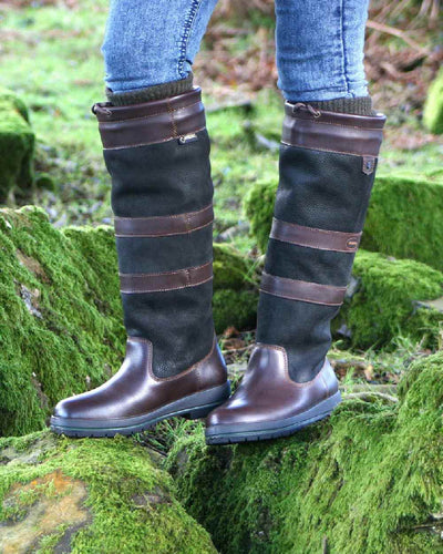 Black Brown coloured Dubarry Galway Country Boots on grass background #colour_black-brown