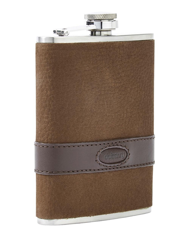 Walnut coloured Dubarry Rugby Hip Flask on white background 