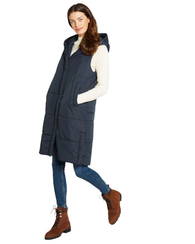 Navy Coloured Dubarry Womens Ryan Hooded Gilet on white background #colour_navy