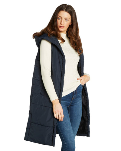 Navy Coloured Dubarry Womens Ryan Hooded Gilet on white background #colour_navy