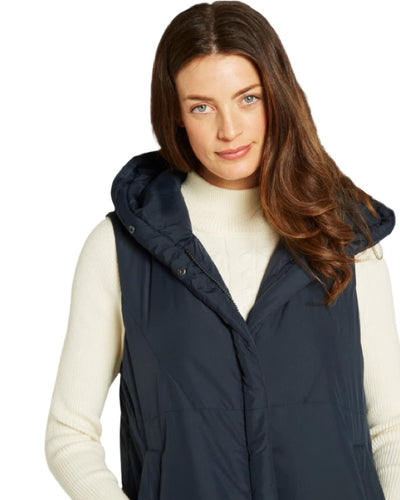 Navy Coloured Dubarry Womens Ryan Hooded Gilet on white background #colour_navy