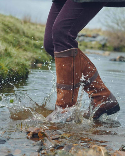 Walnut coloured Dubarry Womens Sligo Country Boots on water background #colour_walnut