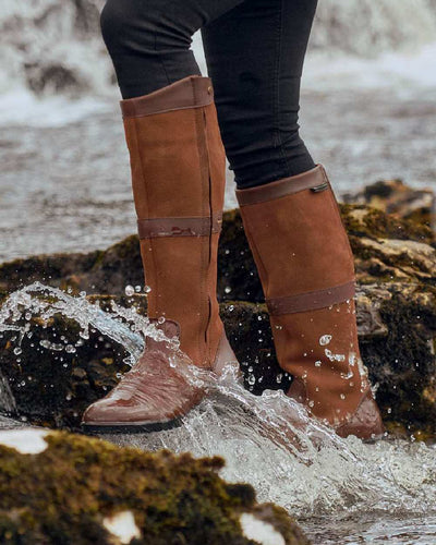 Walnut coloured Dubarry Womens Sligo Country Boots on water background #colour_walnut