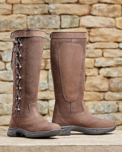 Chocolate coloured Dublin Pinnacle Boots II on brick wall background #colour_chocolate