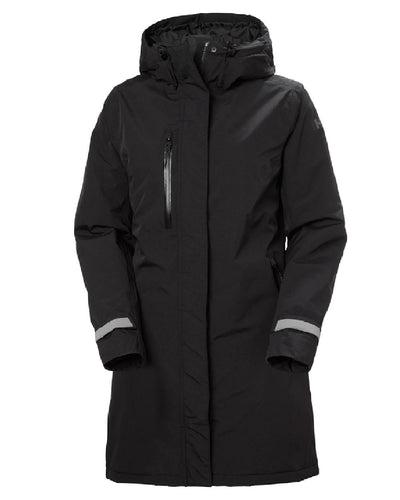 Black coloured Helly Hansen Adore Ladies Insulated Rain Coat on white background #colour_black