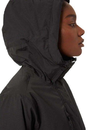 Black coloured Helly Hansen Adore Ladies Insulated Rain Coat on white background #colour_black