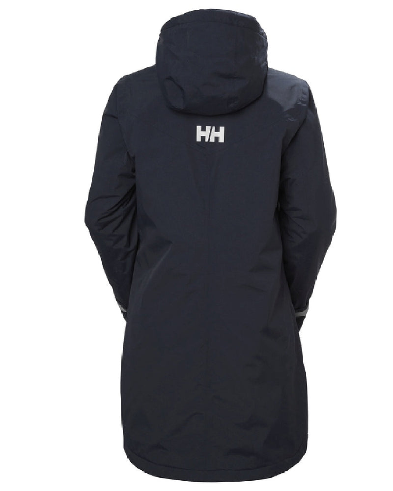 Navy coloured Helly Hansen Adore Ladies Insulated Rain Coat on white background 