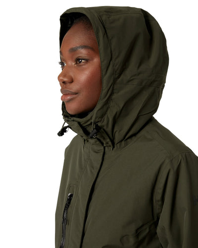 Utility Green coloured Helly Hansen Adore Ladies Insulated Rain Coat on white background #colour_utility-green