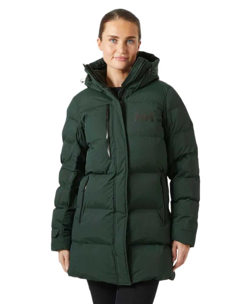 Dark Jungle Coloured Helly Hansen Adore Ladies Puffy Parka on white background 