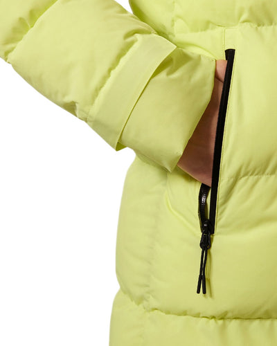 Sunny Lime Coloured Helly Hansen Adore Ladies Puffy Parka on white background #colour_sunny-lime