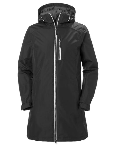 Black coloured Helly Hansen Long Belfast Ladies Winter Jacket on white background #colour_black