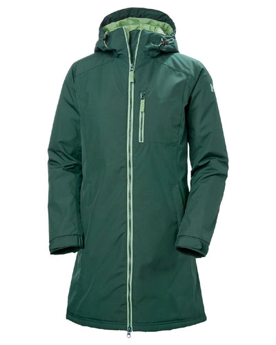 Darkest Spruce coloured Helly Hansen Long Belfast Ladies Winter Jacket on white background #colour_darkest-spruce