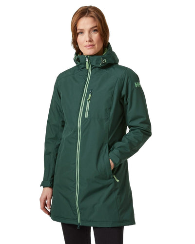 Darkest Spruce coloured Helly Hansen Long Belfast Ladies Winter Jacket on white background #colour_darkest-spruce