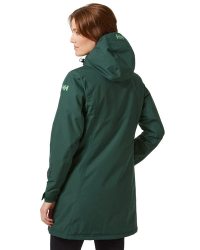 Darkest Spruce coloured Helly Hansen Long Belfast Ladies Winter Jacket on white background #colour_darkest-spruce