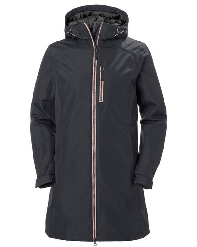 Ebony coloured Helly Hansen Long Belfast Ladies Winter Jacket on white background #colour_ebony