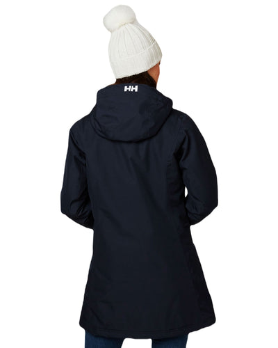 Navy coloured Helly Hansen Long Belfast Ladies Winter Jacket on white background #colour_navy