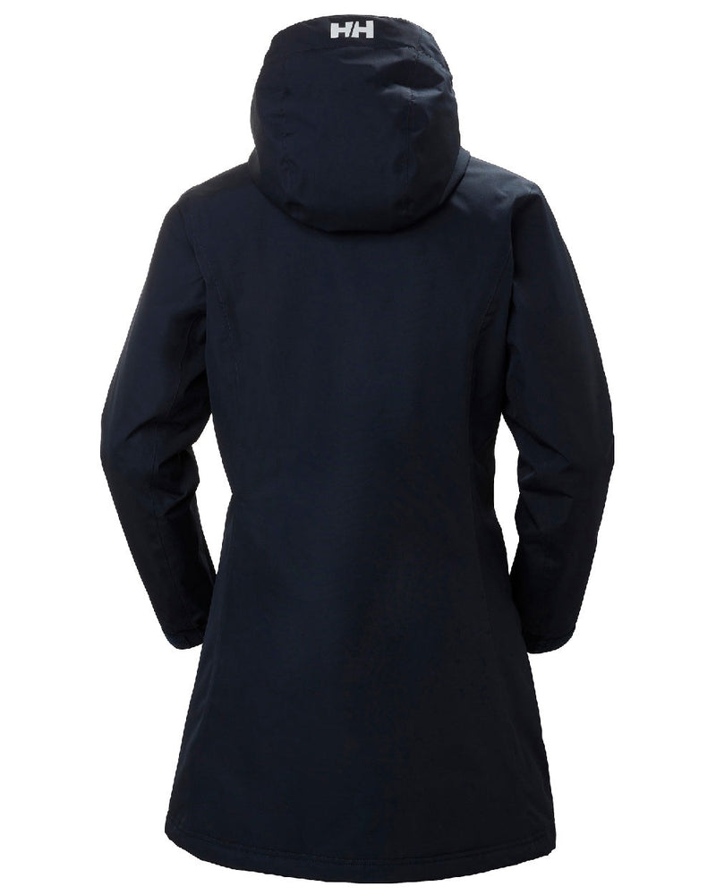 Navy coloured Helly Hansen Long Belfast Ladies Winter Jacket on white background 