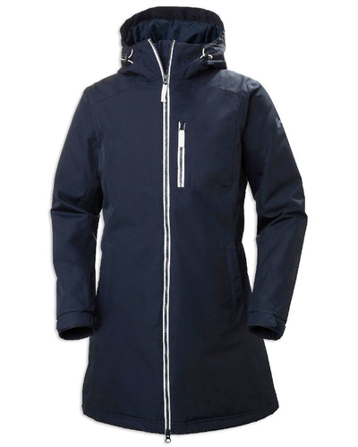 Navy coloured Helly Hansen Long Belfast Ladies Winter Jacket on white background #colour_navy