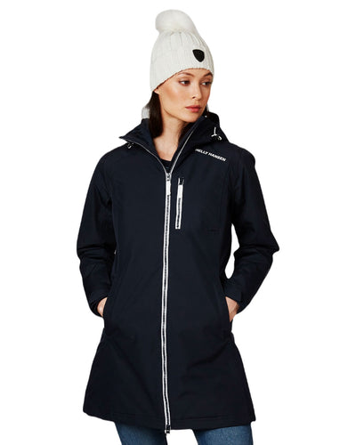 Navy coloured Helly Hansen Long Belfast Ladies Winter Jacket on white background #colour_navy