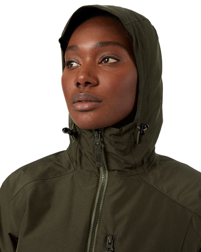 Utility Green coloured Helly Hansen Long Belfast Ladies Winter Jacket on white background #colour_utility-green