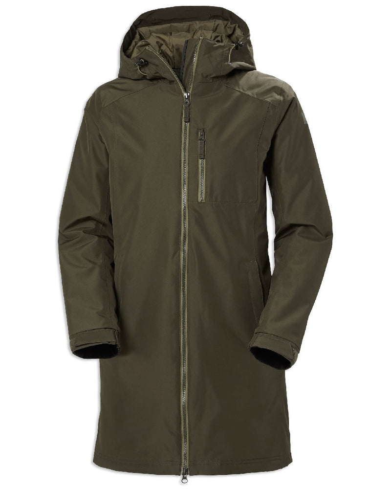 Utility Green coloured Helly Hansen Long Belfast Ladies Winter Jacket on white background 